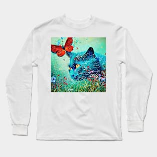 Blue cat and butterfly Long Sleeve T-Shirt